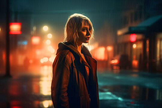 Back view of unrecognizable woman in casual clothes standing on city street at rainy night with red lights. Generative AI