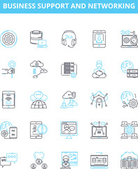 Business support and networking vector line icons set. Networking, Business, Connectivity, Support, Facilitation, Relationships, Alliance illustration outline concept symbols and signs
