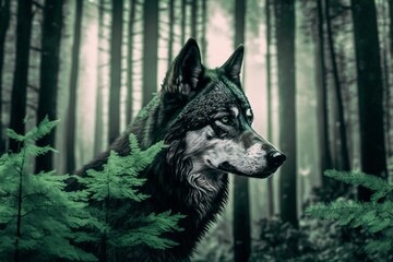 wolf in the forest, green and black duotone