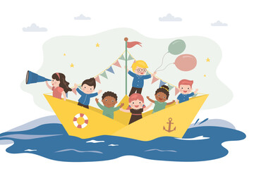 Funny children sailing on paper boat. Children play, imagination, friendship. Kids play sailors or pirates. Happy and cheerful childhood. Group of multiethnic kids have funny game