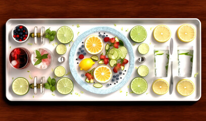 Fototapeta na wymiar a tray with a plate of fruit and a knife and fork. generative ai