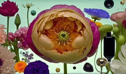  a large flower surrounded by smaller flowers and a bottle of perfume.  generative ai