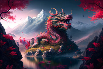 Fototapeta na wymiar Chinese New Year. Dragon. Dragon with landscape in the background. Year of the Dragon. Asia. Anime. Tatoo