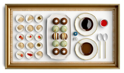  a tray with a variety of desserts and coffee on it.  generative ai