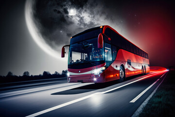 Tourist bus driving through highway. Generative AI - obrazy, fototapety, plakaty