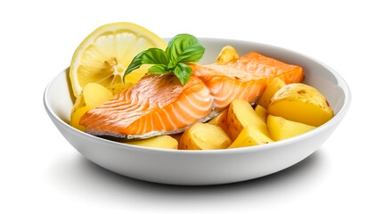 Poke bowl with salmon on white background. Generative AI