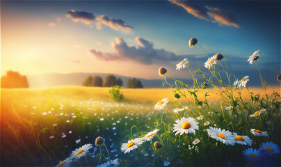 Summer chamomile meadow at sunset. Rustic landscape. Generative AI.