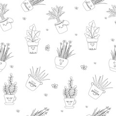 Seamless pattern of cheerful kawaii  black and white house plants.