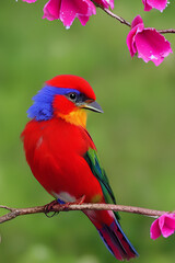 Cute Red Bird On A Flower Tree created with generative AI technology