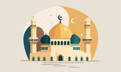 a stylized of a muslim mosque,a flat design of a masjid for Islamic organizations or communities,Beautiful Islam temple icon,crescent and cloud,Vector Illustration,Eid Mubarak greetings,Ramadan Kareem