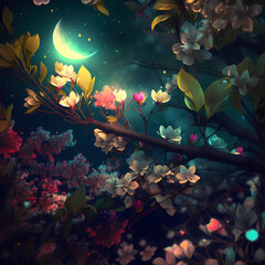 Obraz na płótnie Canvas Generative AI, Spring, blooming flowers, vibrant colors, fresh green leaves, chirping birds, starry night sky, quiet ambiance, moonlight, high contrast, shallow depth of field