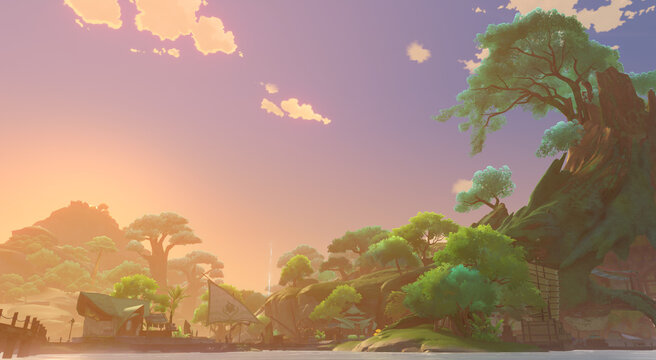 sunset in the forest of ormos sumeru
