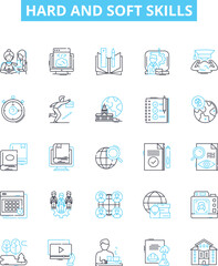 Hard and soft skills vector line icons set. Hard Skills, Soft Skills, Communication, Leadership, Problem-solving, Time management, Decision-making illustration outline concept symbols and signs