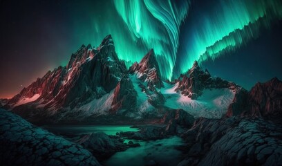  a green and red aurora bore over a mountain range at night with a lake below it and a mountain range in the foreground with snow.  generative ai