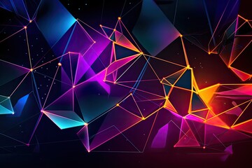 Geometrical background shapes with polygons and points with bright bold gradient light, purple and orange accent, technology background - Generative AI