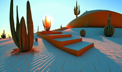  a bunch of cactus plants sitting on top of a snow covered ground next to a set of steps with a sunset in the background behind them.  generative ai