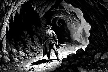 Dragon in cave with adventurer, illustration. Generative AI