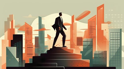 Businessman standing victoriously atop a mountain peak, embaodying vision, leadership, and success. Overcoming obstacles, he achieves goals with determination and motivation. Generative AI