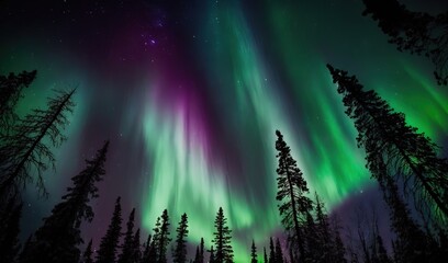  a green and purple aurora bore in the night sky above a forest of trees and a star filled sky with stars and a few stars.  generative ai
