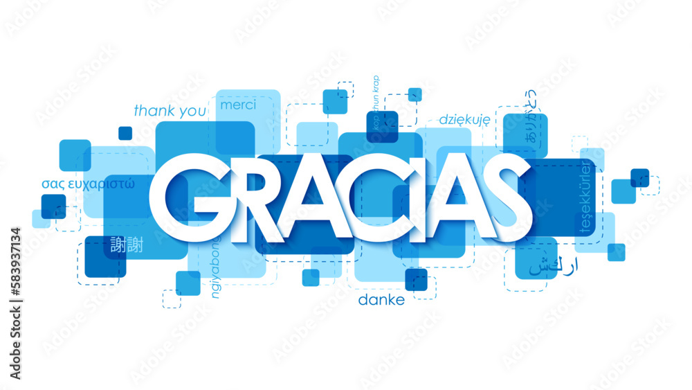 Poster gracias (thank you in spanish) blue vector banner with translations into various languages - Posters
