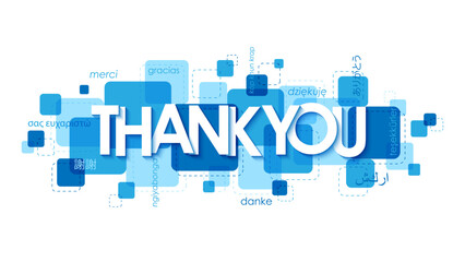 THANK YOU blue vector banner with translations into various languages - obrazy, fototapety, plakaty