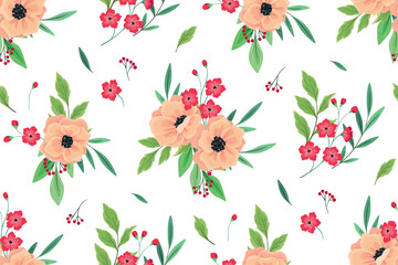 Seamless floral pattern, gentle botanical print with flowers bouquets. Cute spring design with hand drawn plants: large pink flowers, leaves, branches on a white background. Vector illustration.