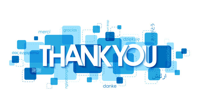 THANK YOU blue vector banner with translations into various languages