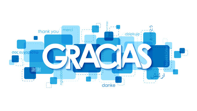 GRACIAS (THANK YOU in Spanish) blue vector banner with translations into various languages