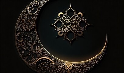  a gold crescent with a black background and a pattern on the side of the crescent is a dark background with a gold pattern on the side of the crescent.  generative ai