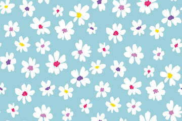 Seamless floral pattern, cute ditsy print with a retro vibe: simple hand drawn daisies on a blue background. Pretty botanical design with small flower buds in liberty arrangement. Vector illustration.