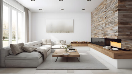 Minimalist living room with clean lines, muted colors, and natural materials like wood and stone