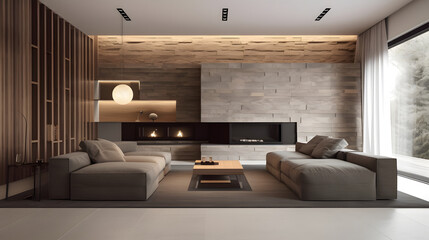 Minimalist living room with clean lines, muted colors, and natural materials like wood and stone