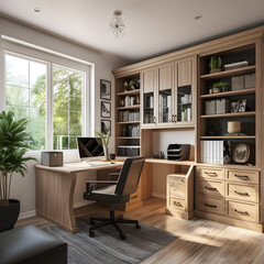Fototapeta na wymiar Home office with ample storage, a comfortable workspace, and natural light