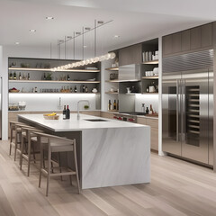 Modern kitchen with sleek appliances, open shelving, and an oversized island for cooking and entertaining