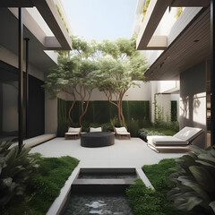 Modern courtyard with lush greenery, a water feature, and cozy seating areas