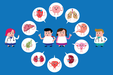 emotion cute vector, illustration flat cartoon character man, woman and doctor show explain feeling good health internal organs.