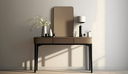 Minimalist Wooden Dressing Table: A Luxurious Setting for Beauty and Makeup Products in Sunlit Beige Room