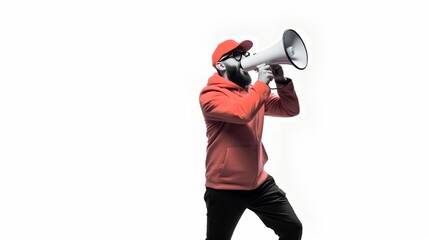 Creative collage style image of a person holding a megaphone, communicating announcements and promotions with attention grabbing urgency. The image represents leadership and activism. Generative AI