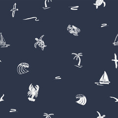 OCEAN NAUTICAL ALL OVER PRINT SEAMLESS PATTERN INCLUDING OCEAN WAVES SAIL SHIP BIRDS LOBSTER TORTOISE PALM TREE
