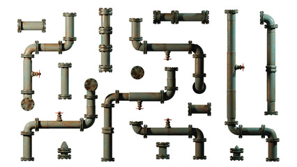 metal pipes with valves, set of connectors and rivets, isolated on transparent background - obrazy, fototapety, plakaty