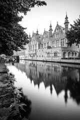 The buildings on canal in Bruges, Belgium