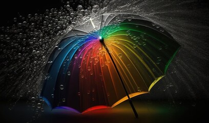  a rainbow colored umbrella with water splashing on the top and bottom of it, with a black background and a splash of water on the bottom of the umbrella.  generative ai