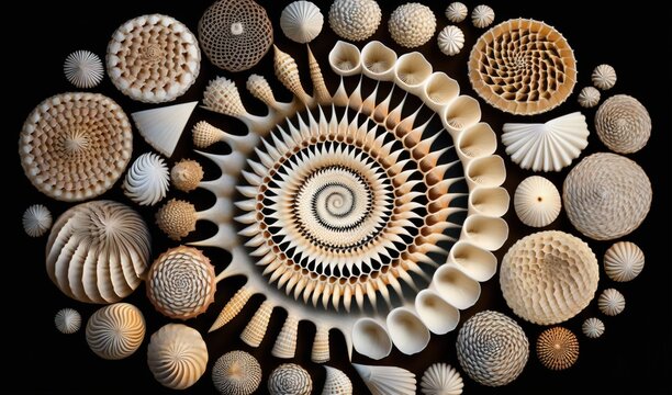  a circular arrangement of sea shells arranged in a circle on a black background with a spiral design in the middle of the image and a spiral design in the middle of the middle.  generative ai
