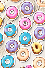 Colorful Donuts Flat Lay On A Plain Color Background created with generative ai technology
