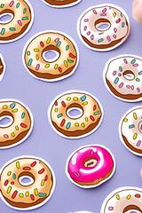 Colorful Donuts Flat Lay On A Plain Color Background created with generative ai technology