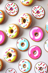 Colorful Donuts Flat Lay On A Plain Color Background created with generative ai technology