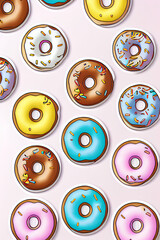 Colorful Donuts Flat Lay On A Plain Color Background created with generative ai technology