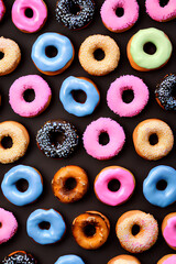 Colorful Donuts Flat Lay On A Plain Color Background created with generative ai technology