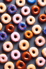 Colorful Donuts Flat Lay On A Plain Color Background created with generative ai technology