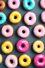 Colorful Donuts Flat Lay On A Plain Color Background created with generative ai technology